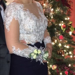 Two Piece Long Sleeve Prom Gown.  White/Navy